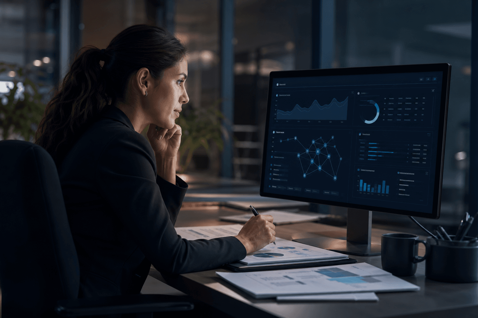 Credit analyst reviewing an AI-powered underwriting dashboard